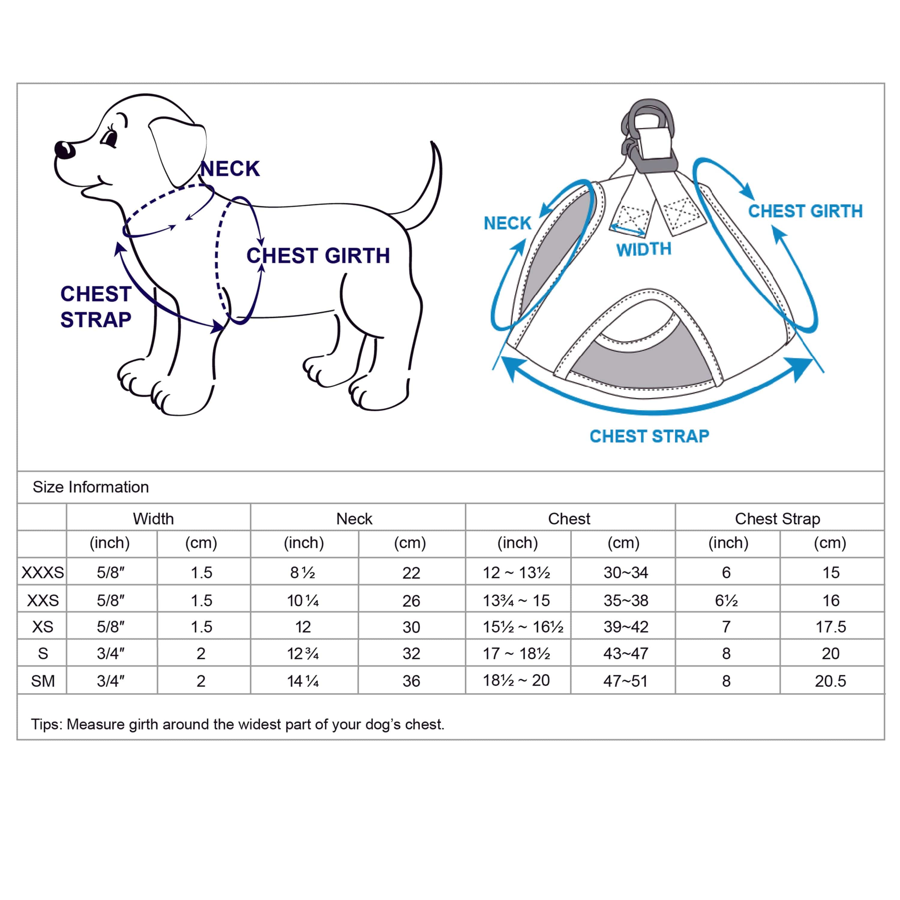 Blueberry Pet LoveSoft small dog harness size chart