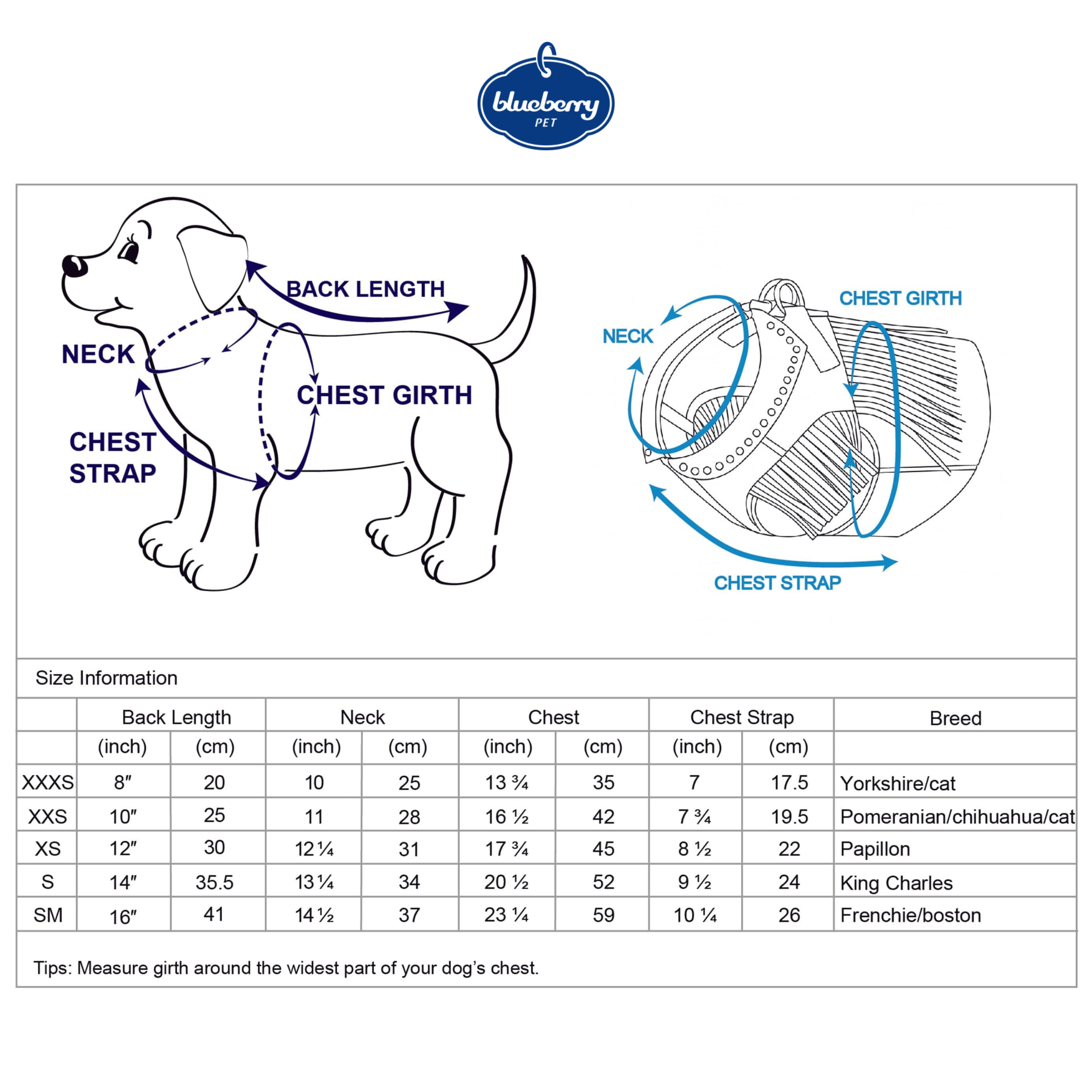 Blueberry Pet dog harness jacket size chart