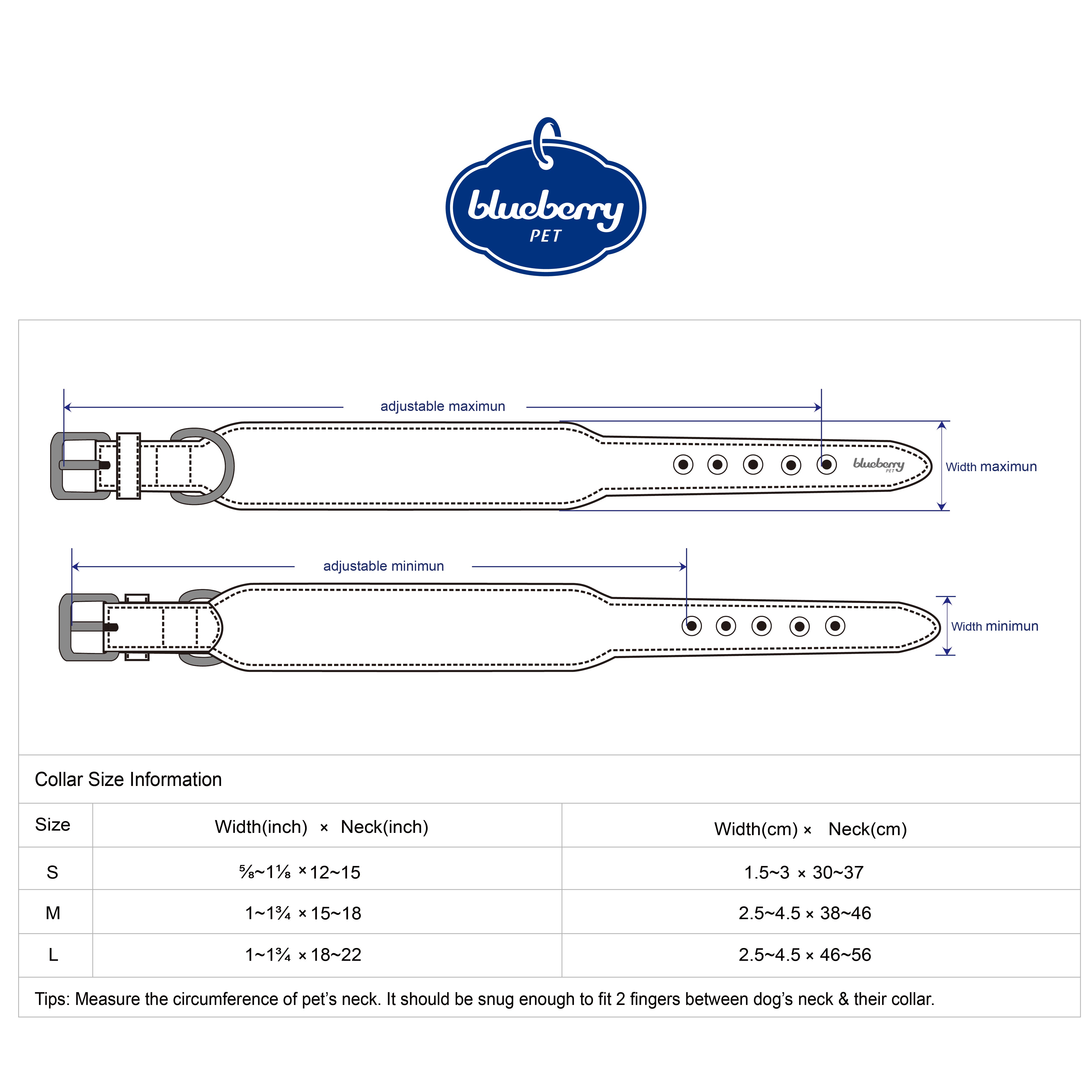 Blueberry Pet dog collar size chart with S, M, and L neck and width measurements