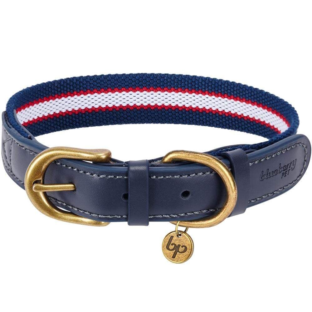 Blueberry Pet Genuine Leather Polyester Webbing Dog Collar in Navy and Olive Medium