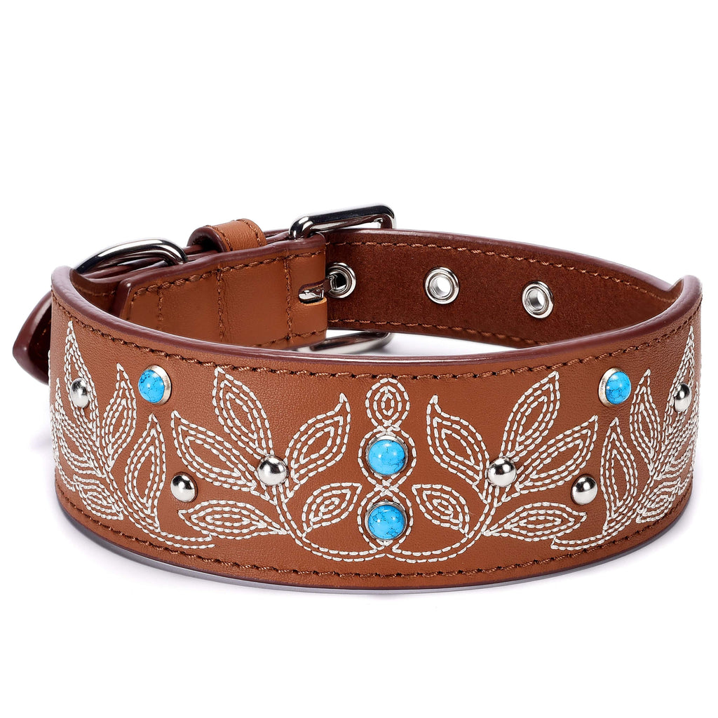 Dog Collar Blueberry Pet Western Cowboy Premium Leather Dog Collar with Decorative Floral Design Canyon Brown / Medium