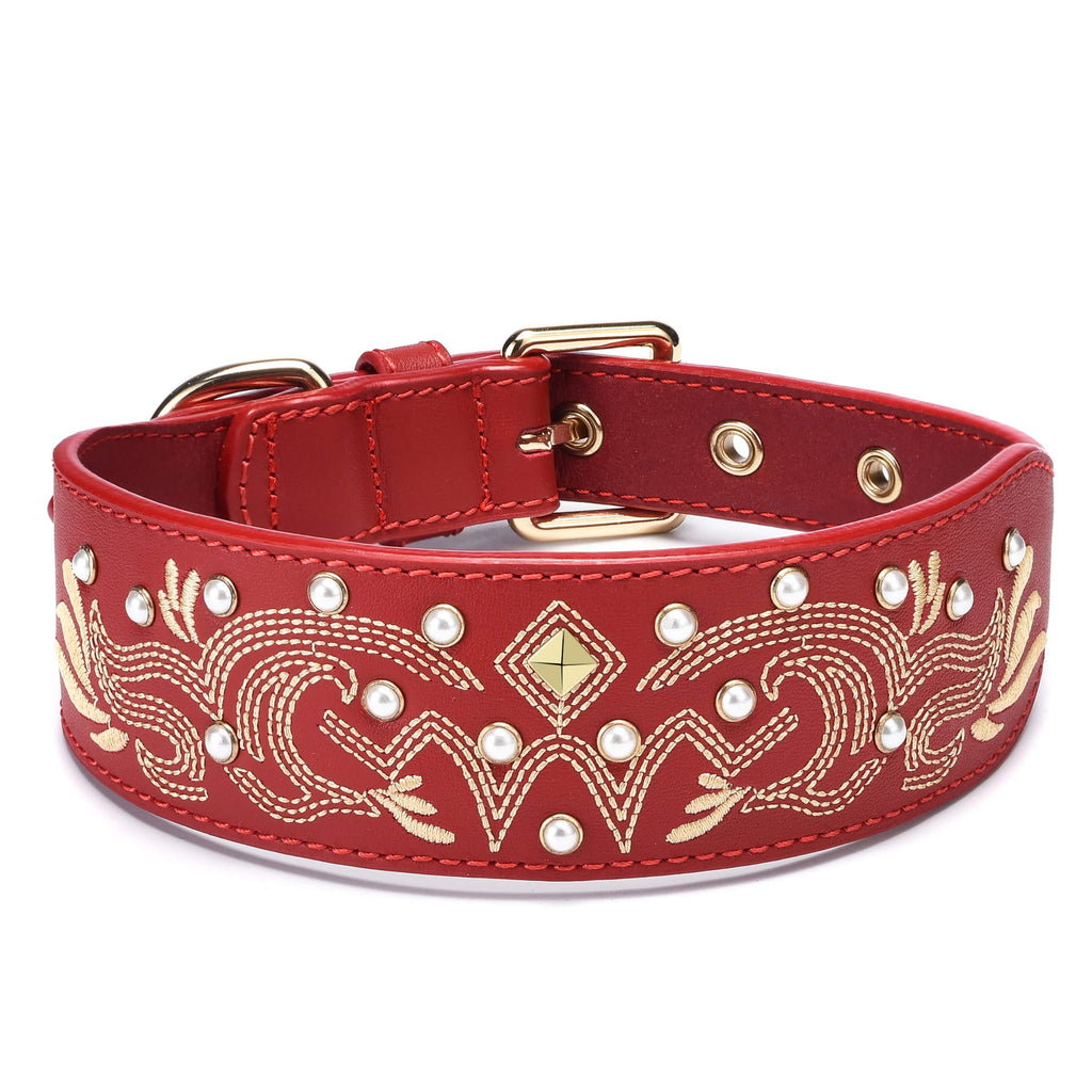 Dog Collar Blueberry Pet Premium Red Leather Dog Collar with Gold Baroque Embroidery