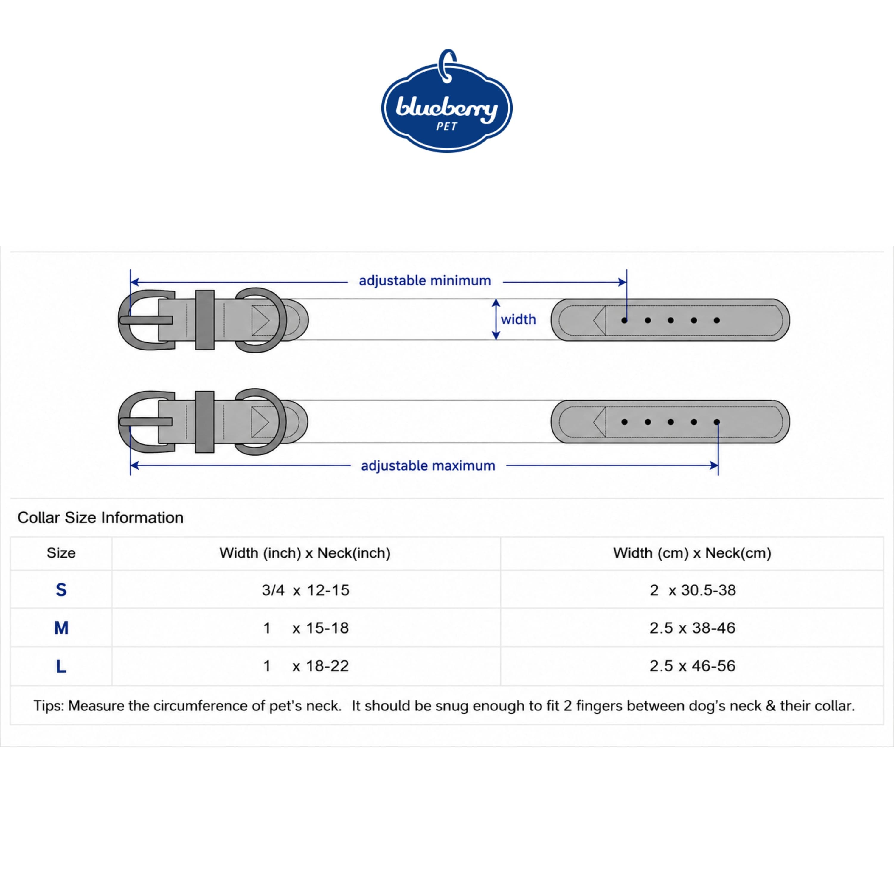 Blueberry Pet AirTag dog collar size chart
