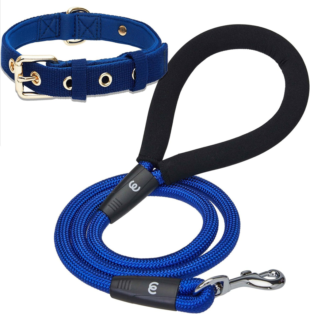 Blueberry Pet Essentials Classic Matching Neoprene Padded Dog Collar & Rope Leash Set Blue - Collar + Rope Leash / Small