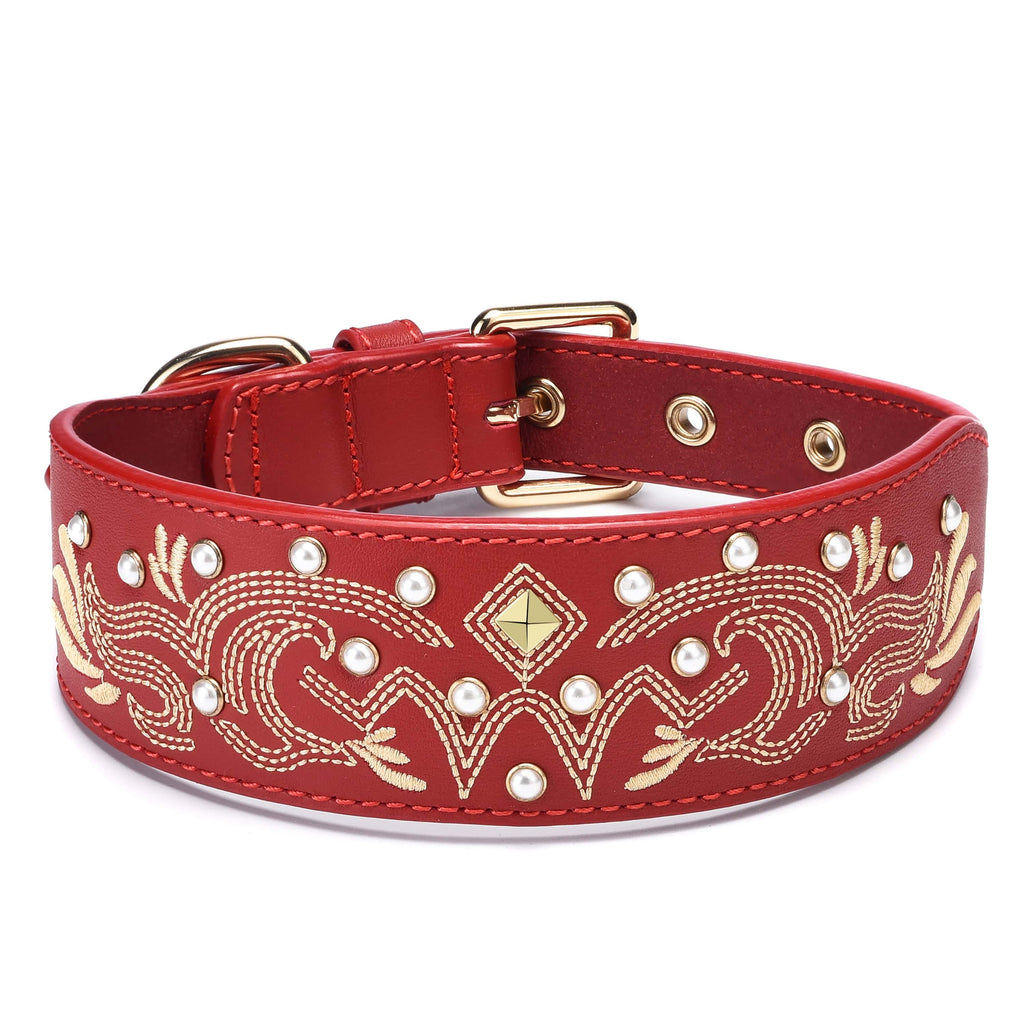 Dog Collar Blueberry Pet Red Leather Western Dog Collar With Embroidery And Pearls Frontier Red / Small