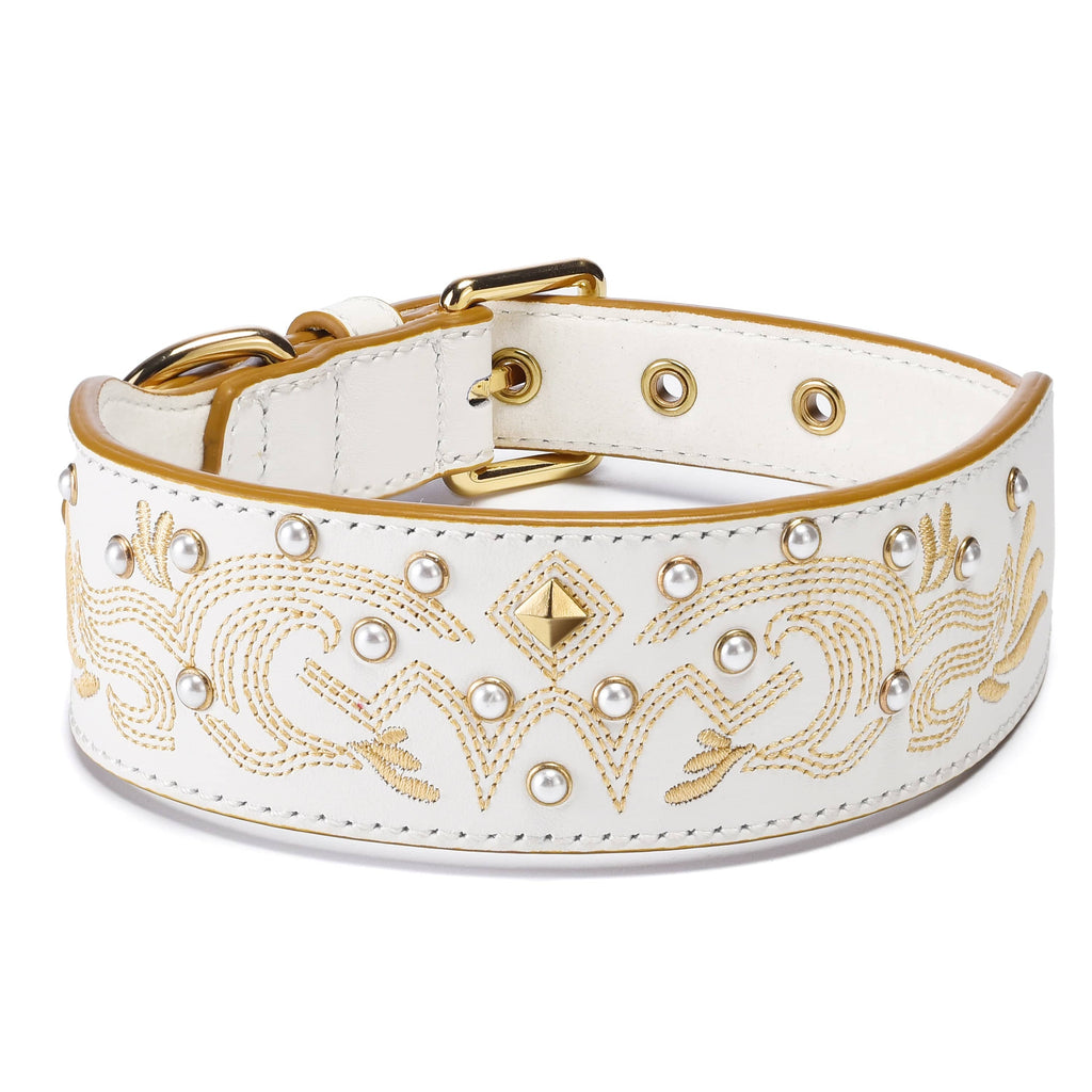 Dog Collar Blueberry Pet White Leather Dog Collar With Gold Embroidery Pattern Pearl White / Small