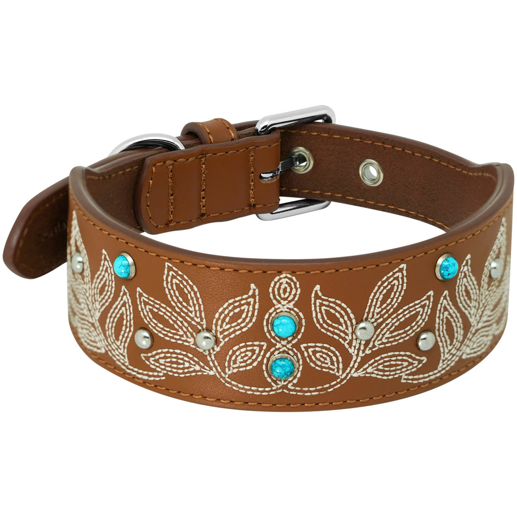 Dog Collar Blueberry Pet Western Cowboy Premium Leather Dog Collar with Decorative Floral Design Brown / Medium