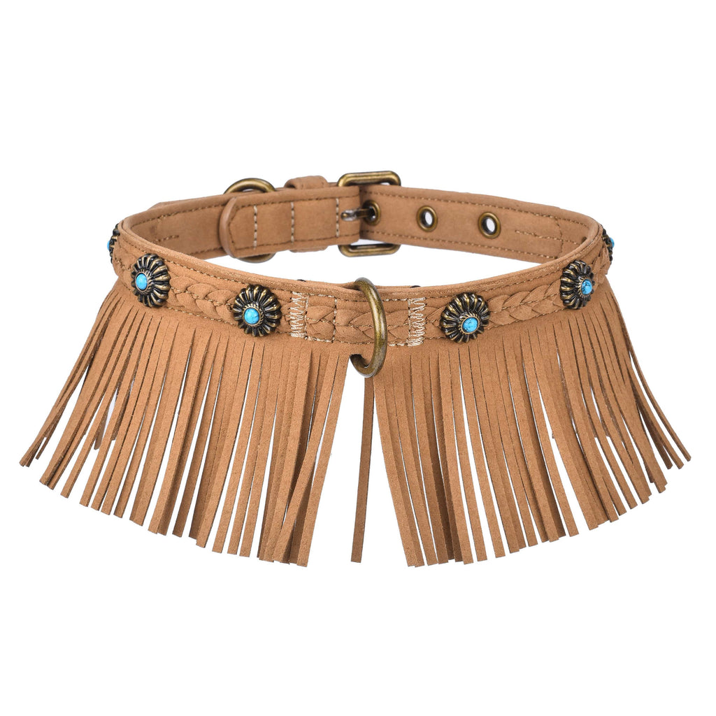 Dog Collar Blueberry Pet Silver-Powered Freshness Microfiber Suede Dog Collar – Fringed Style with Turquoise Studs Camel Tan / Small