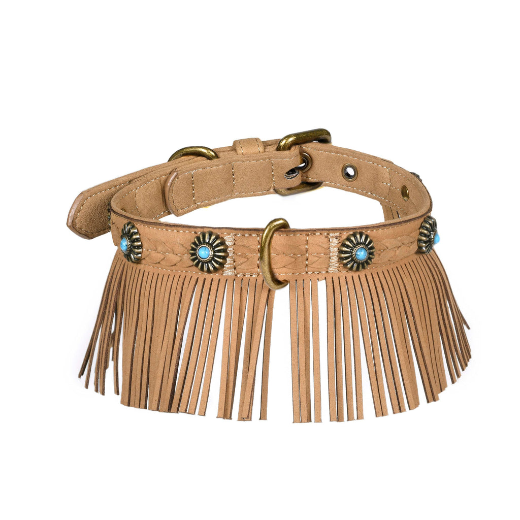 Dog Collar Blueberry Pet Silver-Powered Freshness Microfiber Suede Dog Collar – Fringed Style with Turquoise Studs Camel Tan / Small