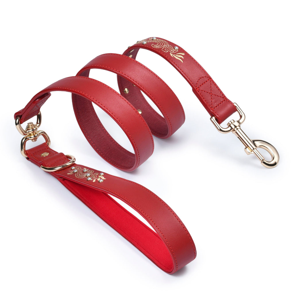 Dog Leash Blueberry Pet Western Genuine Leather Dog Leash With Embroidery And Pearl Studs Frontier Red