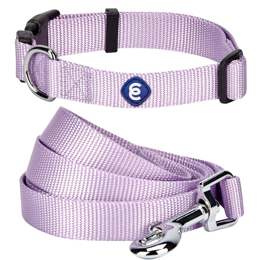 Dog Collar Leash Set Essentials by Blueberry Pet Classic Solid Color Matching Dog Collar and Leash Set Lavender / Small