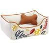 Dog Bed Blueberry Pet Embroidered Leaves Linen Dog Bed Mahogany & Beige / Small
