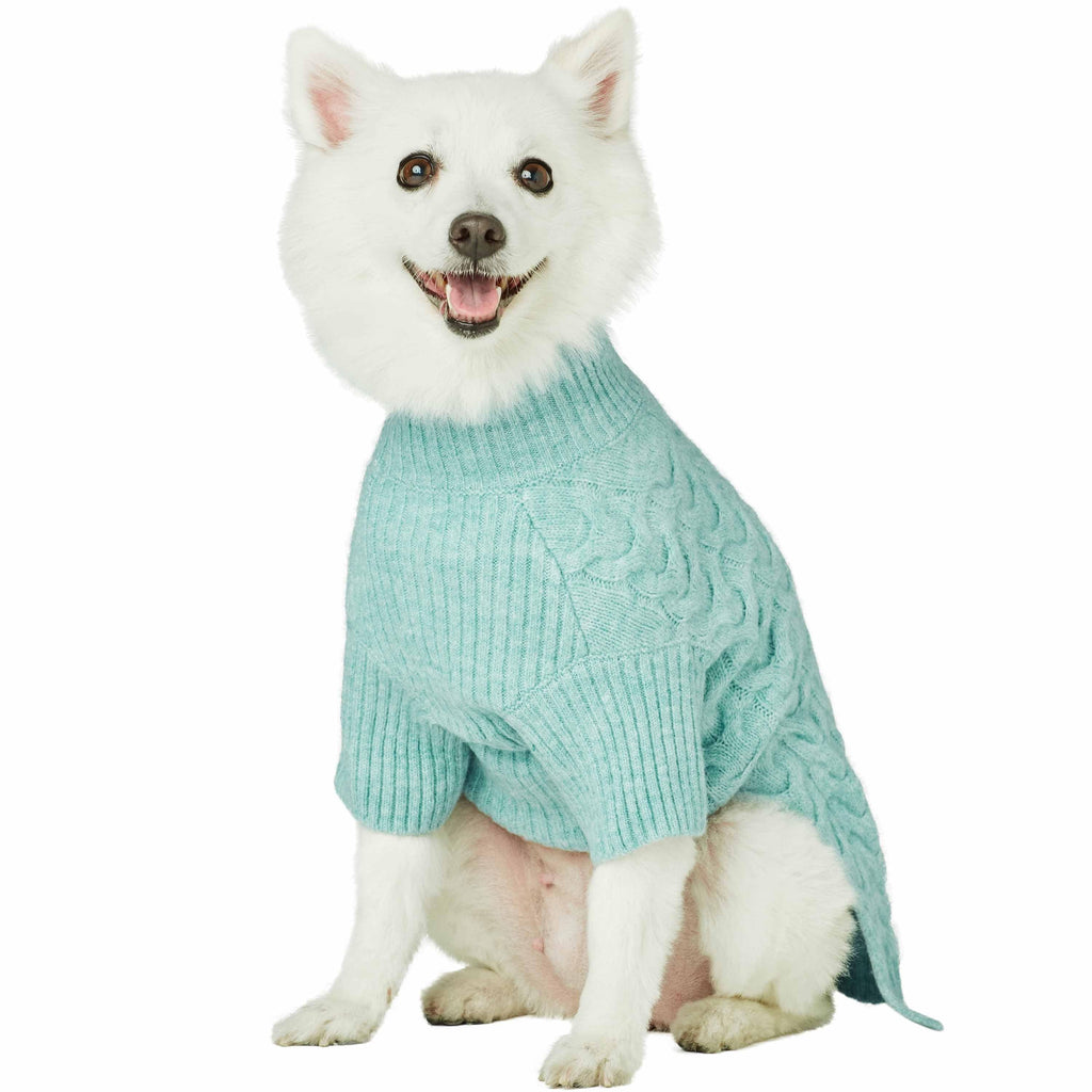 Blueberry Pet 2023 New Classic Fuzzy Textured Knit Pullover Turtle-Neck Dog Sweater In Heathered Jade, Back Length 18