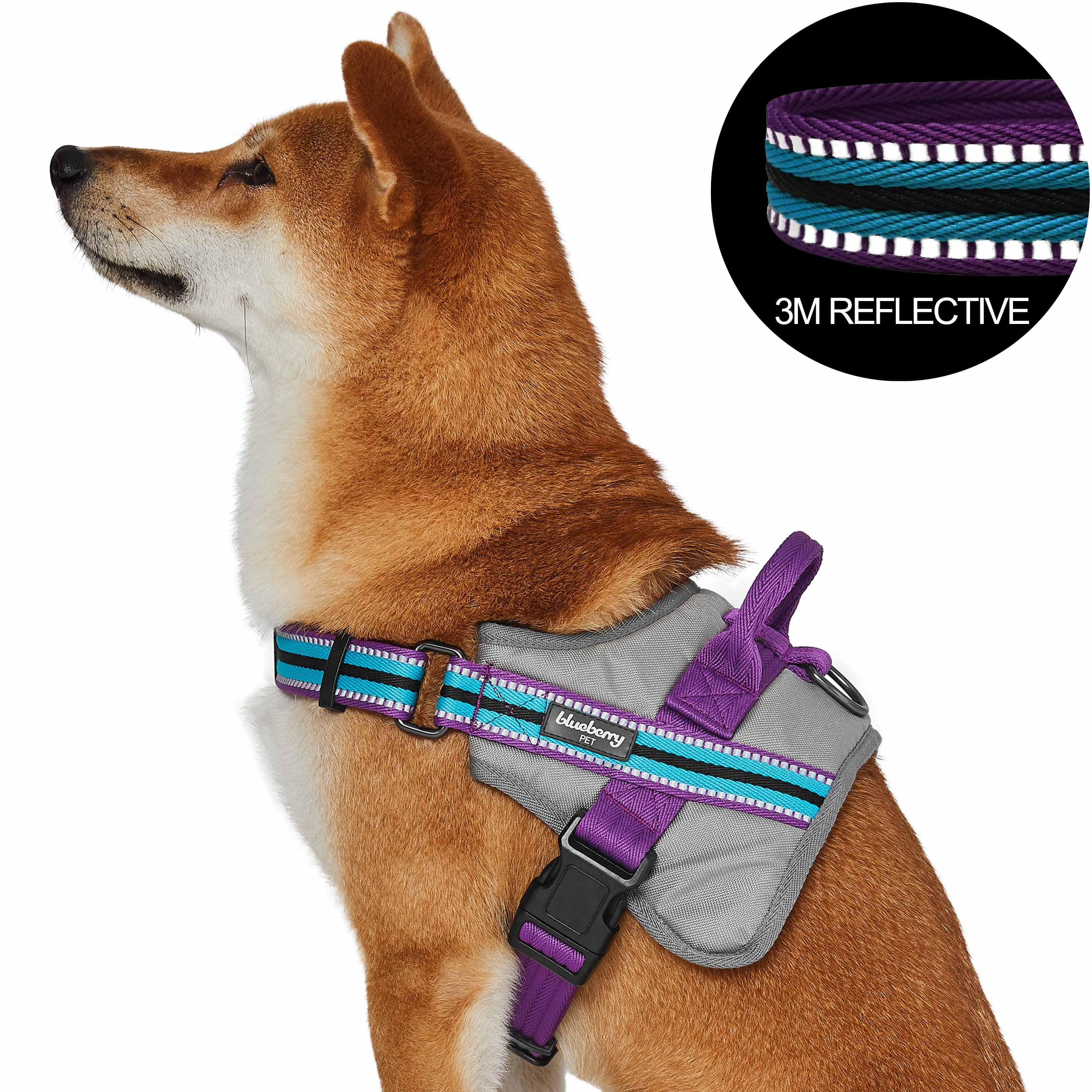 Blueberry Pet Comfy 3M Reflective Multi Colored Stripe Mesh Padded Service Dog Harness Large Violet Celeste Adjustable Harnesses for Dogs