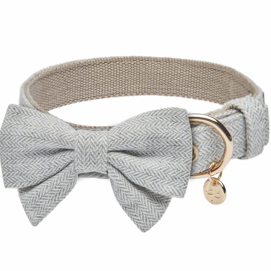 Blueberry Pet - Dog Collar Textured Tweed with Bow Tie Grey Small