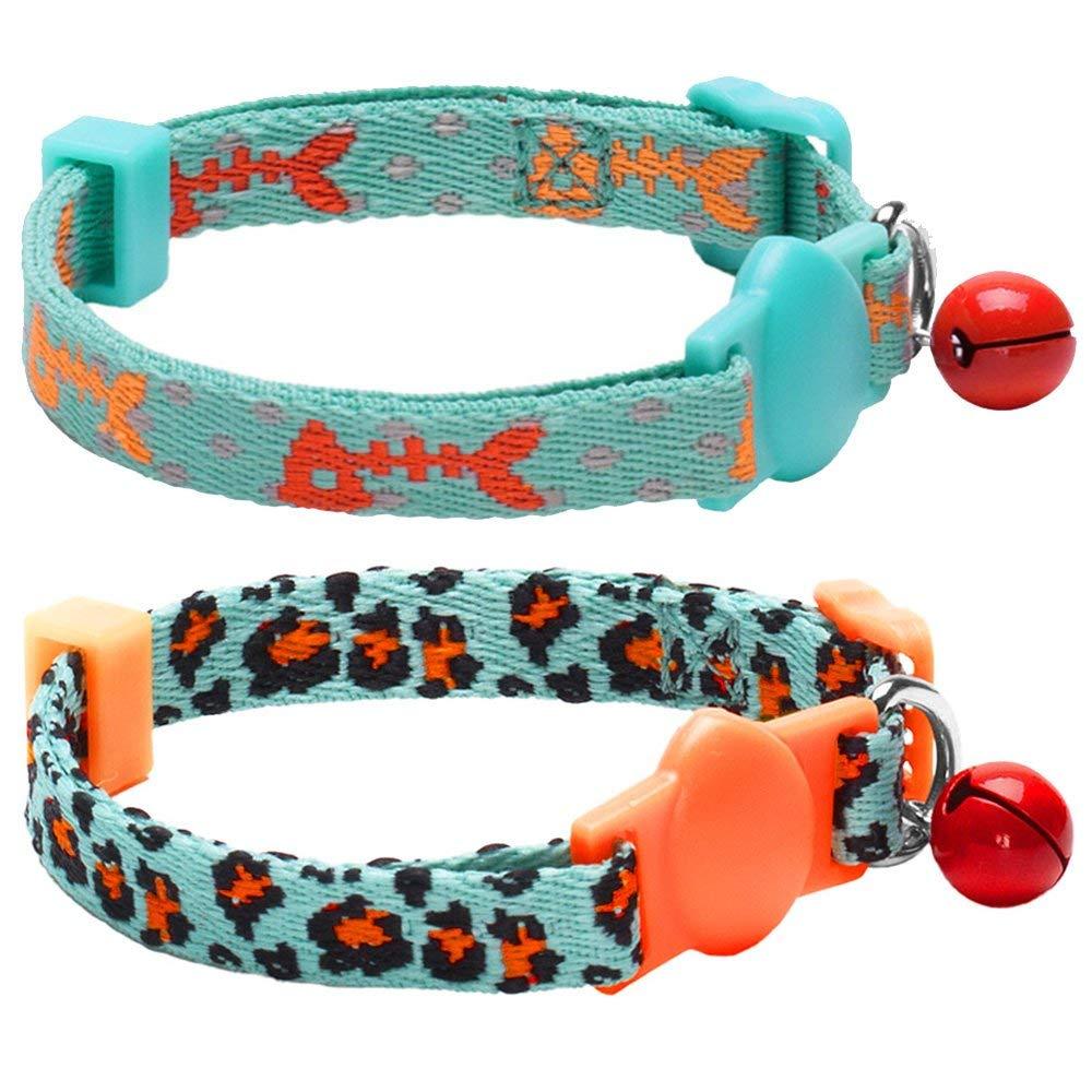 Blueberry Pet Hunting Expedition with Fish Bone and Leopard Print Adjustable Breakaway Cat Collar with Bell, 2 Pack